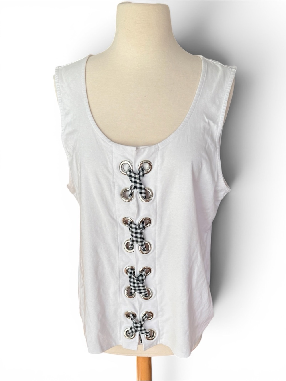 International Concept White Sleeveless Knit Top with Faux Corset Tie, XL
